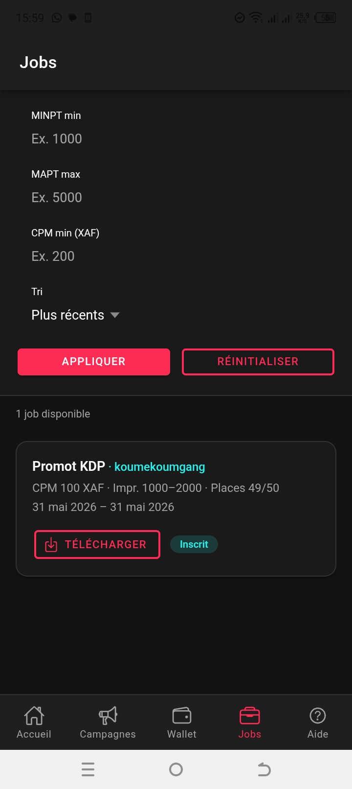 Jobs — Interface créateur ShareDos
